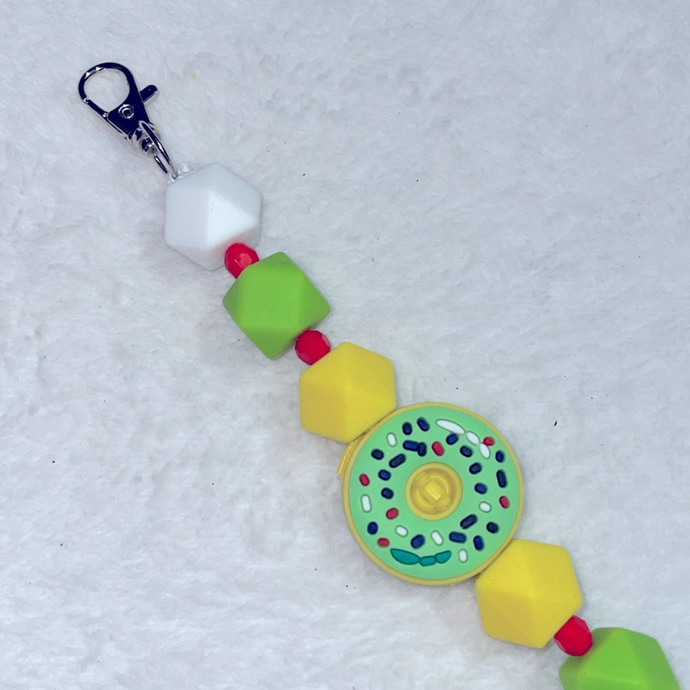 Donut Silicone Green & Yellow Beaded Keychain/Purse Charm - Picture 2 of 4
